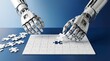 © ALAUDDIN - Robotic hands placing a final puzzle piece into a white jigsaw board representing artificial intelligence problem solving