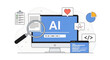 © Abul - A computer screen displays AI information with a magnifying glass on code in a technology workspace with various icons.