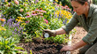 © Cliff - Close-up of a gardener measuring ground temperature with a soil thermometer in a blooming garden on a sunny day, sustainable gardening and spring planting concept