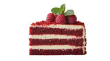 Decadent red velvet cake slice with cream cheese frosting raspberries and mint, isolated on transparent background