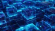 © lianlian liang - Microscopic 3D crystal cubes grid in neon blue light representing cyber database matrix server