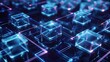 © lianlian liang - Futuristic abstract database servers with transparent glass cubes and glowing blue pink circuit lines