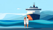 © abufatir - Couple Holding Hands Admiring Large Cruise Ship at Sea.