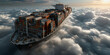 © butenkow - Large vessel appears at sunset. Ship emerges from clouds with containers under somber skies