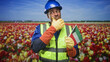 © Krakenimages.com - Man holding kuwait flag and pointing index finger up in tulip field, wearing hardhat and safety vest; pride celebration.