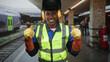 © Krakenimages.com - Man welder wearing welding helmet, ear protection and high visibility vest smiling and giving double thumbs up on train platform building; pride duty.