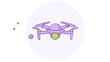 © UBAID - Purple and green flying drone camera vector icon illustration. Minimalist flat design quadcopter for aerial photography, surveillance, and remote control. Scalable tech graphic.