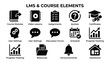 © SJB studio - Set of LMS and course elements vector icons on transparent background, black silhouette for e-learning user interface.