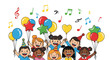 © Bintang - Happy Children with Balloons and Music Notes - Birthday Party Celebration