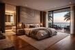 © The 2R Artificiality - Stylish bedroom design including bespoke headboard and hardwood floors accompanied by partial master bath glimpse and peaceful ocean skyline