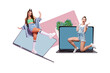 © deagreez - Creative collage picture young girls attractive cheerful women laptop digital device ecommerce web users houseplant remote work