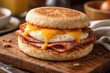 © AkuAku - Savory breakfast sandwich with ham egg and cheese on a toasted English muffin on a cutting board