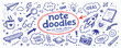 © Zbrake Studio - A collection of hand-drawn blue pen doodles featuring school and office supplies, creative icons, and speech bubbles on a grid paper background.