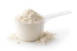 © AkuAku - White whey protein powder scoop on pure white minimal background