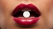 © Achmad - Close-up of glossy red lips holding a white round pill between teeth, beauty and health concept, bold lipstick editorial shot