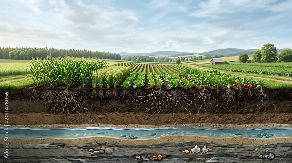 Cross- Section of Agricultural Land Showing Plant Roots Soil Layers and ...