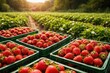 © pngking - Juicy strawberries arranged in green crates on a thriving farm surrounded by rich strawberry greenery and copy space