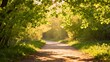© Sunju - Peaceful sunlit forest path surrounded by lush green leaves creating warm natural fresh and relaxing atmosphere perfect for nature backgrounds and outdoor relaxation scenes