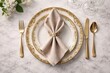 © NeuralNiche - Overhead shot of elegant folded napkin on decorative china plate laid on marble table backdrop with copy space