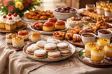 Peruvian dessert variety served on a brunch buffet including alfajores and copy space