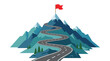© Mimi - A blue toned mountain range features a winding road leading to a red flag at the peak within a clean minimalist vector graphic on a plain white background surface.