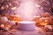 © vxnaghiyev - Vertical product showcase on lavender pink autumn themed Halloween podium with pumpkins background