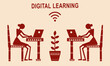 © Tenacity_1987 - Women doing digital learning using laptops. Indian tribal art Warli style illustration. modern e-learning, connectivity and knowledge sharing.