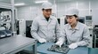 © 望見 柿元 - 精密機器と電子部品の製造業で働く日本人の20代30代男女作業員が、工場内の作業台で基板を指差しながら笑顔で点検している様子、手前にはんだリールが置かれた構図