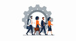 © Ronny - Diverse Business People Walking in Front of a Giant Gear Mechanism Vector. Symbolizes Teamwork, Industrial Efficiency, Corporate Success, and Collaborative Workflow.
