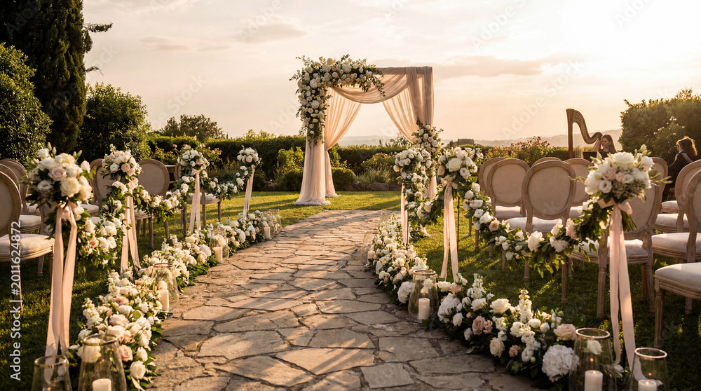 Elegant wedding aisle with floral decorations and chairs on a stone ...