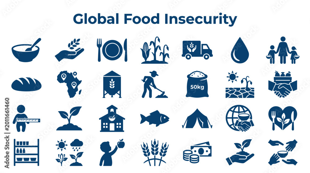 Global Food Insecurity Icons Representing Hunger Crisis and ...