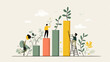 © Kuda - Business growth concept with people, bar graph, plants, and ladder, representing progress and success
