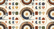 © nusyer - Seamless pattern with African Adinkra symbols, nature elements and abstract motifs on cream background.