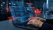 © FoxGrafy - Cybersecurity alert Data Breach Detected. Professional analyzes system vulnerabilities on laptop.
