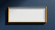 © MSTFARGINA - Empty panoramic horizontal wooden picture frame mockup on dark blue wall with horizontal panoramic interior minimalist template