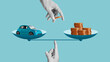 © Andrii - Car cost vs money savings concept, balancing expenses and budget, vehicle affordability, financial decision making, comparing spending and savings, personal finance management and economic choice