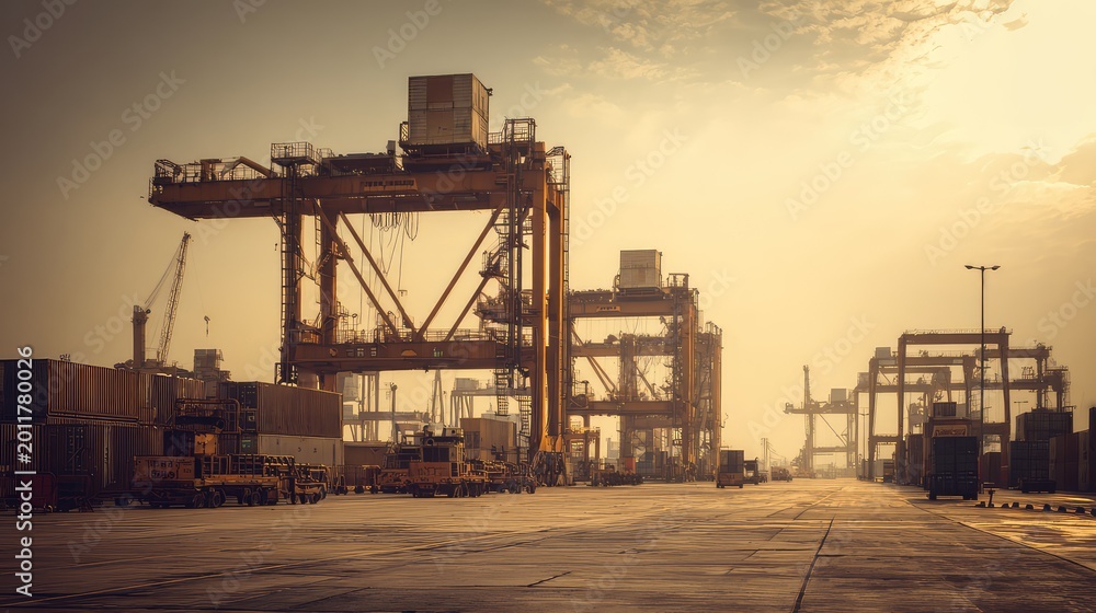 Industrial port features large gantry cranes, shipping containers, and ...