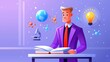 © spyrakot - Science mentor presenting open book with floating educational symbols in classroom