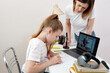 © Maria - Mother and daughter fighting about homework, Upset mother is angry to little bored daughter, homeschooling, misunderstanding