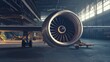 © vectorwin - Passenger aircraft jet engine undergoing routine inspection and service inside a large industrial hangar, highlighting the intricate blades and the advanced technology of aviation engineering