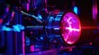 © vectorwin - Advanced scientific equipment emitting a bright pink red laser beam, demonstrating precision diagnostics and cutting edge optical research in a vibrant lab setting with blue neon lighting