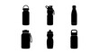 © MIRA - Reusable water bottle silhouettes, 6 sports flask icons, black drinkware vector set