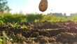 © rla - Potato dropping onto soil in a field with green plants and bright sky