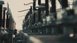 © vectorwin - Electrical substation equipment with insulators and transformers facilitating energy transfer and distribution across a vast power grid, highlighting industrial infrastructure and technology