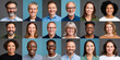 © Jan - Diverse collection of eighteen smiling professional portraits showcasing a multi-ethnic group of men and women of various ages and backgrounds against solid grey and blue studio backgrounds.