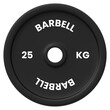 © sabelskaya - A black 25 kg weightlifting disc with the inscription 'BARBELL.'