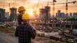© Masque - Father and child wearing hard hats looking at a large construction site during sunset.