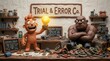 © Masque - Clay characters in a workshop where one celebrates a lightbulb invention while another is frustrated by failed parts.