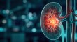 © Masque - 3D medical illustration of a kidney stone inside the human body with a defocused background.