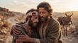 © Flux Imagery - Emotional biblical parable of the Good Samaritan embracing and comforting a wounded injured traveler on a dusty road at sunset with a donkey waiting in the background symbolizing compassion mercy